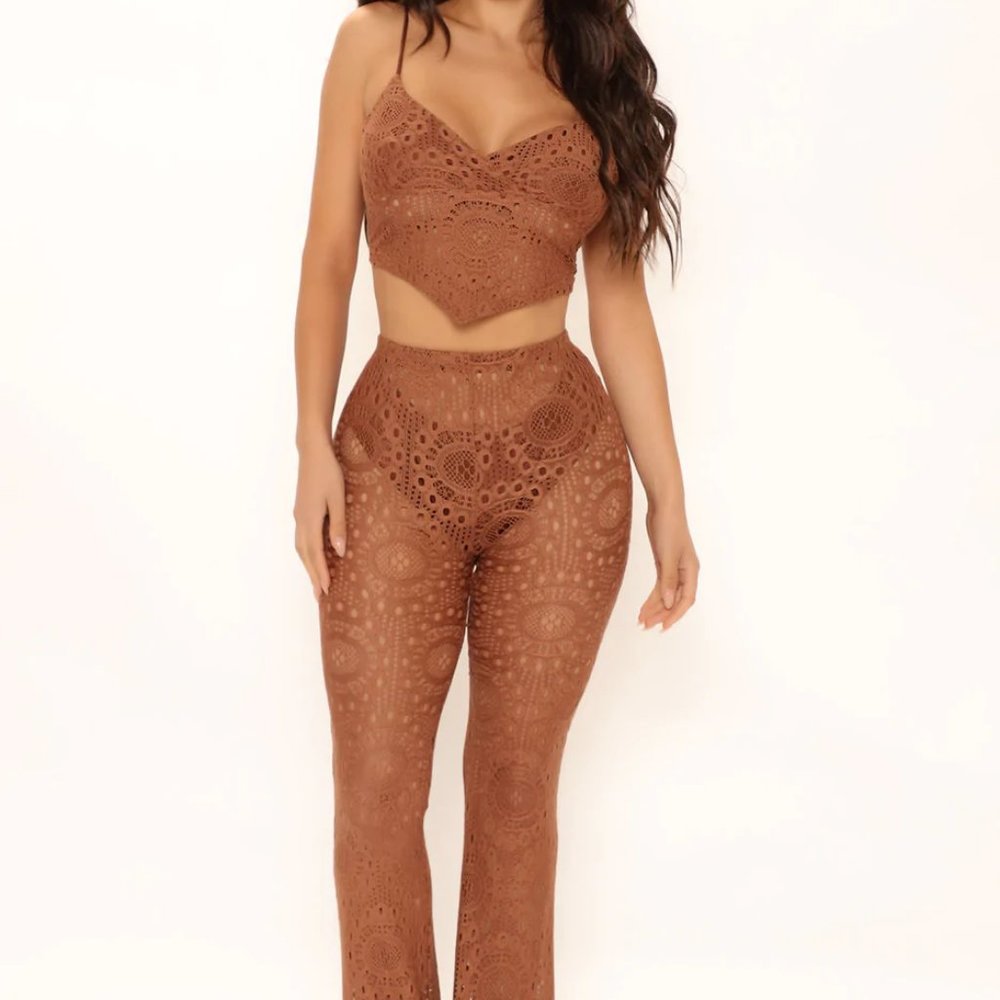 Festival Vibes Crochet Pant Set 34 - Brown